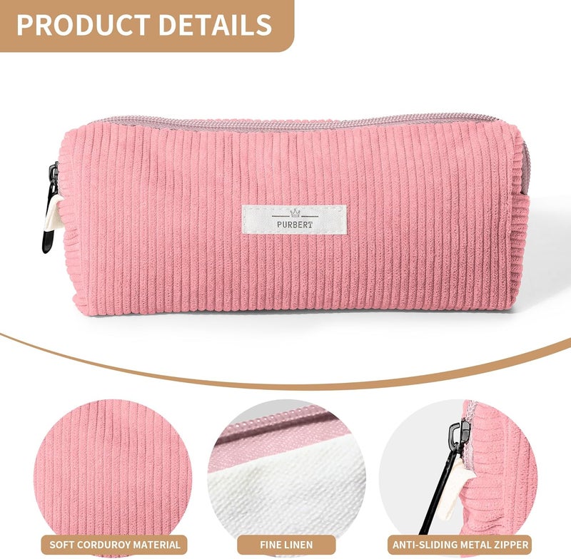 Purbert Pencil Bag Pen Case, Soft Corduroy Small Pencil Pouch Organizer with Zipper, Cute Pencil Case Pouch Stationery for Girls and Boys – Pink - Image 4